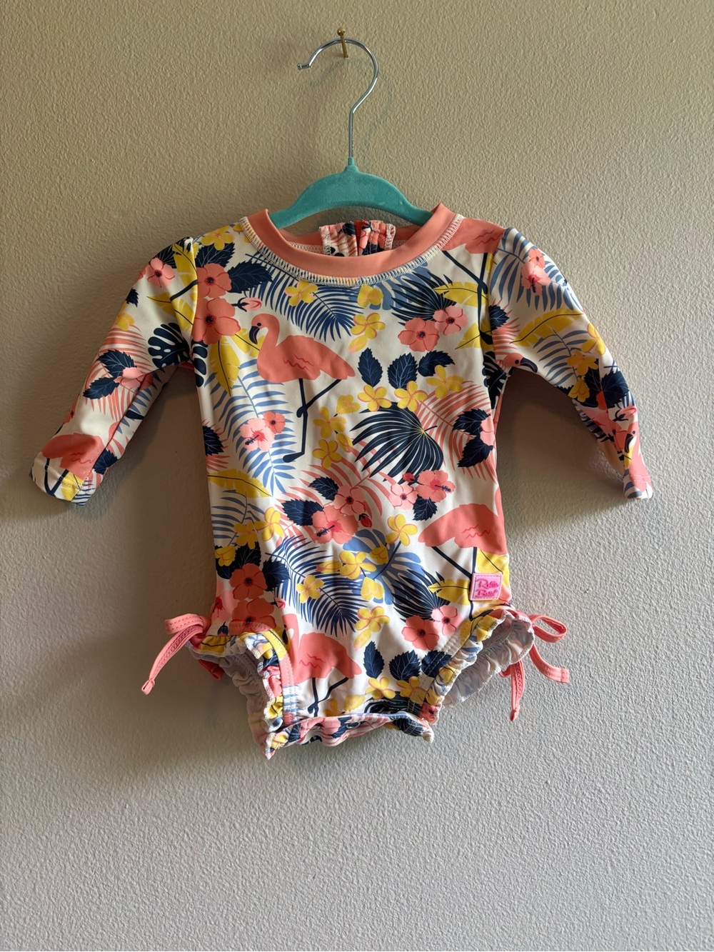 Ruffle Butts Pink Tropical Flamingo Floral Long-Sleeve One-Piece Swimsuit